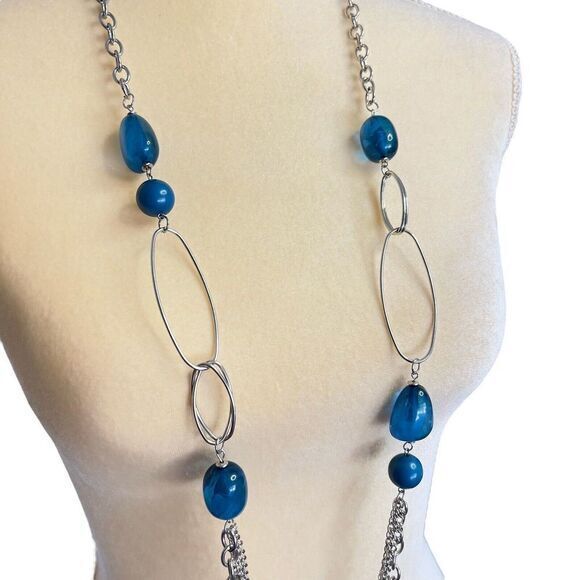 Statement Silver Tone chain Bead Blue Necklace 45 in + 2.5 in Ext. - Picture 3 of 10